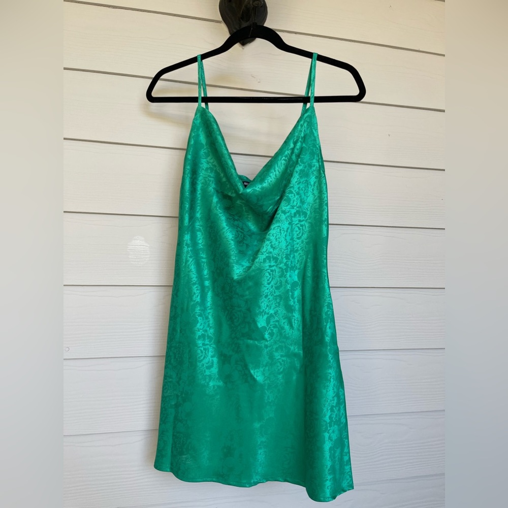 Satin Green Cowl Jacquard Mini Dress